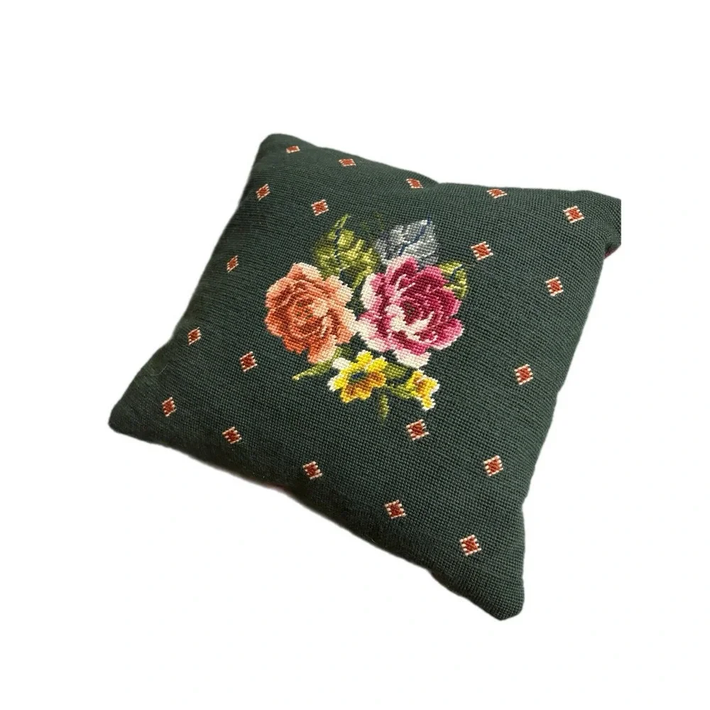 Handmade English‎ Tapestry Green Rose Floral Pillow Wool And Velvet Cottagecore